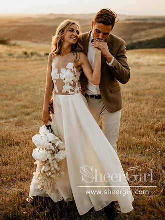Unique Floral Lace Chiffon Wedding Gown Flowy Beach Wedding Dress AWD1873-SheerGirl