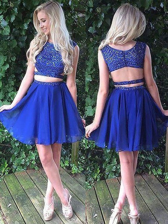 Unique Two Piece Beaded Royal Blue Homecoming Dresses Short MCL1005-SheerGirl