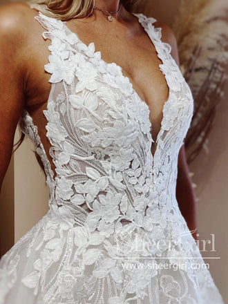 V Neck A Line Ball Gown Wedding Dress Appliqued Lace Wedding Gown AWD1909-SheerGirl