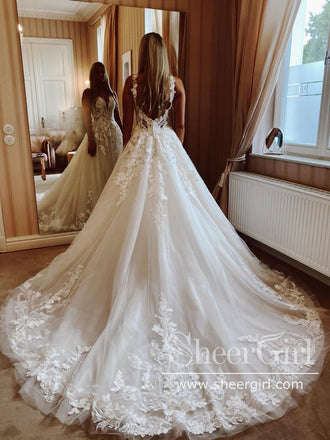 V Neck A Line Ball Gown Wedding Dress Appliqued Lace Wedding Gown AWD1909-SheerGirl