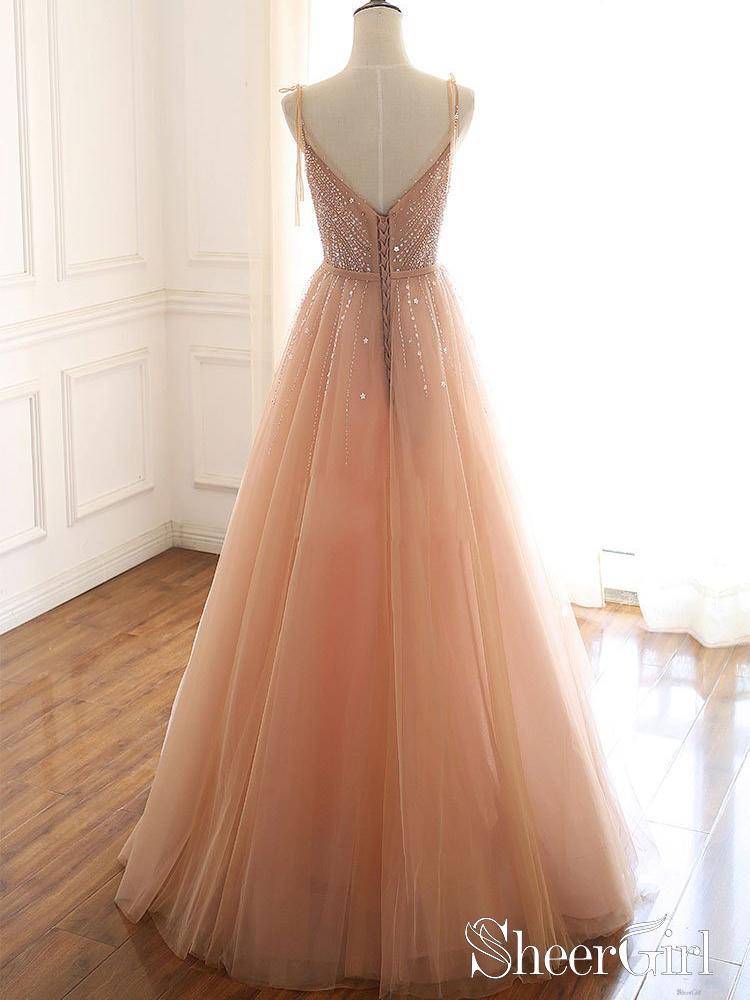 V Neck A Line Lace Up Back Evening Dresses Coral Tulle Sequins Prom Dresses ARD2469-SheerGirl