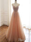V Neck A Line Lace Up Back Evening Dresses Coral Tulle Sequins Prom Dresses ARD2469
