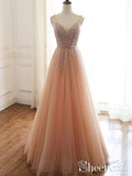 V Neck A Line Lace Up Back Evening Dresses Coral Tulle Sequins Prom Dresses ARD2469-SheerGirl