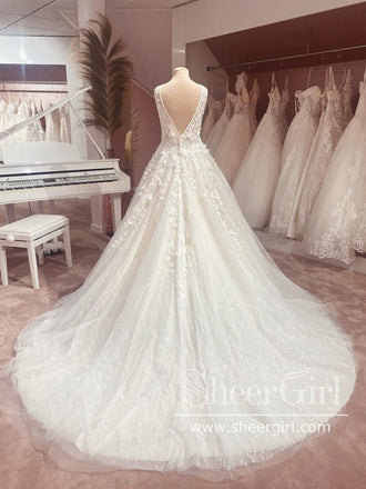 V Neck Appliqued Bridal Gown Vintage Ball Gown Wedding Dress AWD1864-SheerGirl