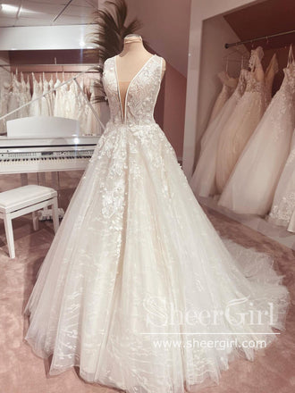 V Neck Appliqued Bridal Gown Vintage Ball Gown Wedding Dress AWD1864-SheerGirl