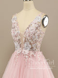 V Neck Ball Gown Tulle Prom Dress Floral Lace Party Dress ARD2870-SheerGirl