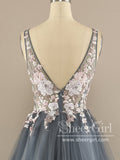 V Neck Ball Gown Tulle Prom Dress Floral Lace Party Dress ARD2870-SheerGirl
