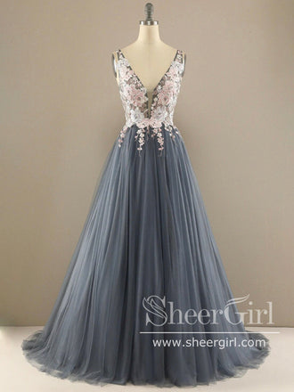 V Neck Ball Gown Tulle Prom Dress Floral Lace Party Dress ARD2870-SheerGirl