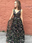 V Neck Black Floral Lace Long Prom Dresses Embroidered Prom Dress ARD1948
