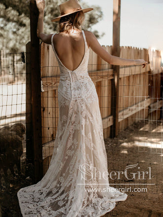 V Neck Bohemian Lace Rustic Wedding Dresses Sheath Boho Wedding Dress AWD1888-SheerGirl