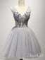 Výstřih do V Šedý tyl Aplikované šaty pro návrat domů Sweetheart Korálkový tvar Krátké plesové šaty ARD2454 