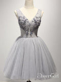V Neck Grey Tulle Appliqued Homecoming Dresses Sweetheart Beaded Shape Short Prom Dresses ARD2454-SheerGirl
