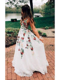 V Neck Lace Floral Embroidery Long Prom Dresses ARD2252-SheerGirl