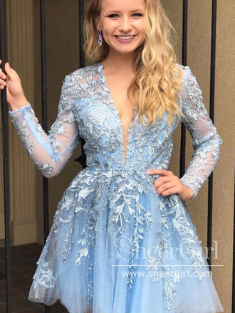V Neck Lace Short Junior Homecoming Dresses Long Sleeve Homecoming Dresses ARD2787-SheerGirl