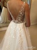 V Neck Lace Wedding Dresses Backless Rustic Wedding Dress AWD1450-SheerGirl