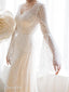 Vestidos de novia con espalda de sirena y cuello en V, vestidos de novia con mangas de trompeta de encaje marfil AWD1611 