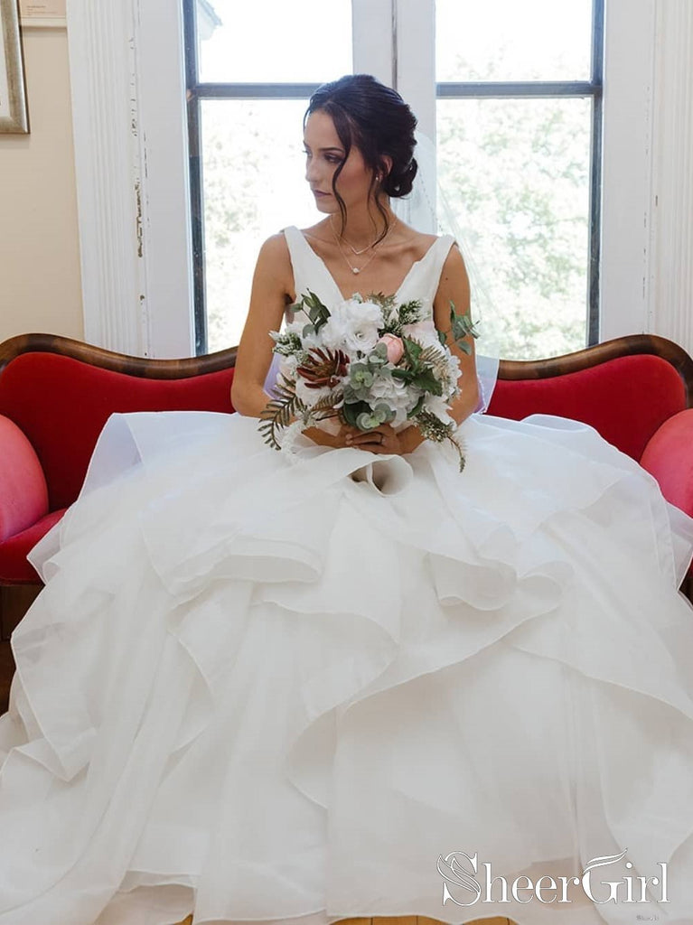 V Neck Organza Ball Gown Wedding Dress with Ruffles Beadings Sash Bridal Dress AWD1678-SheerGirl