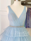 V Neck Pleated Dots Tulle Tiered A Line Prom Dress Jewered Sash Prom Gown ARD2702-SheerGirl