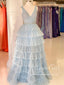 V Neck Pleated Dots Tulle Tiered A Line Prom Dress Jewered Sash Prom Gown ARD2702