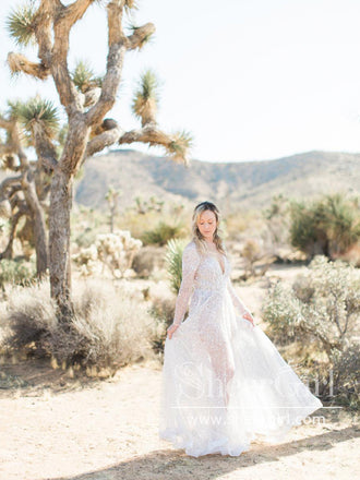 V Neck Sequins Lace See Through A Line Wedding Dress with Long Sleeves AWD1840-SheerGirl