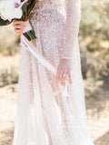 V Neck Sequins Lace See Through A Line Wedding Dress with Long Sleeves AWD1840-SheerGirl