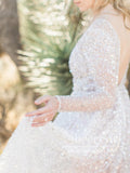 V Neck Sequins Lace See Through A Line Wedding Dress with Long Sleeves AWD1840-SheerGirl