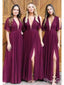 V Neck Short Sleeve Burgundy Long Bridesmaid Dresses Side Slit apd2489