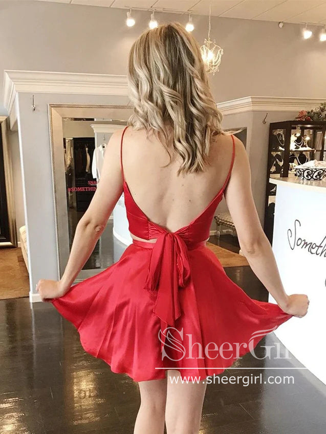 V Neck Simple Short Homecoming Dress 2-Piece Prom Dress ARD2816-SheerGirl