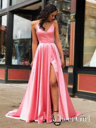 V Neck Spaghetti Strap Simple Royal Blue Formal Evening Dress Slit Long Prom Dress APD3437-SheerGirl