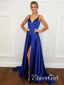 V Neck Spaghetti Strap Simple Royal Blue Formal Evening Dress Slit Long Prom Dress APD3437