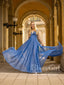 V Neck Sparkly Ball Gown with High Slit Blue Prom Dress Floor Length Party Dress ARD2895