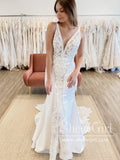 V Neck Vintage Lace Mermaid Wedding Gown Boho Wedding Dress with Shaped Train AWD1890-SheerGirl