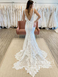 V Neck Vintage Lace Mermaid Wedding Gown Boho Wedding Dress with Shaped Train AWD1890-SheerGirl