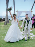 V Neckline A Line Pleated Waistband Simple Satin Wedding Dress AWD1738-SheerGirl