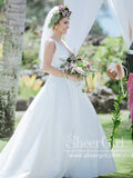 V Neckline A Line Pleated Waistband Simple Satin Wedding Dress AWD1738-SheerGirl