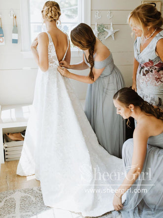 V Neckline Floral Lace A Line Illustion Back Sweep Train Wedding Dress AWD1743-SheerGirl