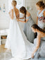 Vestido de novia con escote en V y encaje floral, línea A, ilusión, cola de barrido, AWD1743 