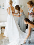 V Neckline Floral Lace A Line Illustion Back Sweep Train Wedding Dress AWD1743-SheerGirl