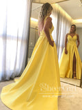 V Neckline Spaghetti Straps Beaded Bodice A Line High Slit Long Prom Dress ARD2610-SheerGirl