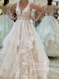 V Neckline Tired Tulle Ball Gown Lace Wedding Dress Floor Length AWD1828-SheerGirl