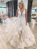 V Neckline Tired Tulle Ball Gown Lace Wedding Dress Floor Length AWD1828-SheerGirl