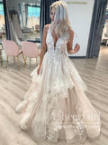 V Neckline Tired Tulle Ball Gown Lace Wedding Dress Floor Length AWD1828-SheerGirl