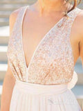 V-neck Backless Champagne Long Cheap Prom Dresses APD3346-SheerGirl