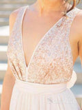 V-neck Backless Champagne Long Cheap Prom Dresses APD3346-SheerGirl