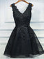 Černé krajkové krátké plesové šaty s výstřihem do V Nášivka šaty pro návrat domů, apd2487 