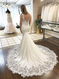 V-neck Lace Appliqued Mermaid Wedding Dresses with Chapel Train SWD0041-SheerGirl