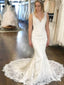 V-neck Lace Appliqued Mermaid Wedding Dresses with Chapel Train SWD0041