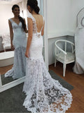 V-neck Mermaid Lace Wedding Dresses Backless Elegant Wedding Dress APD2814-SheerGirl