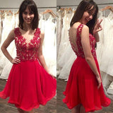 V-neck Red Homecoming Dresses 2018,Applique Chiffon Short Prom Dresses,Cute Sweet 16 Dresses,MCL1001-SheerGirl