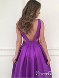 V-neck Satin Long Simple Purple Prom Dresses with Pockets APD2765-SheerGirl